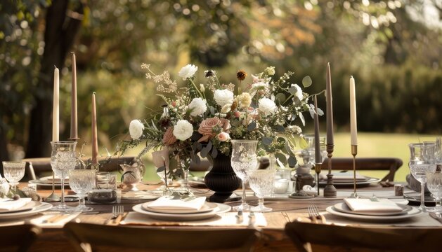 Exquisite outdoor wedding table set in a contemporary rustic theme, blending sophistication with