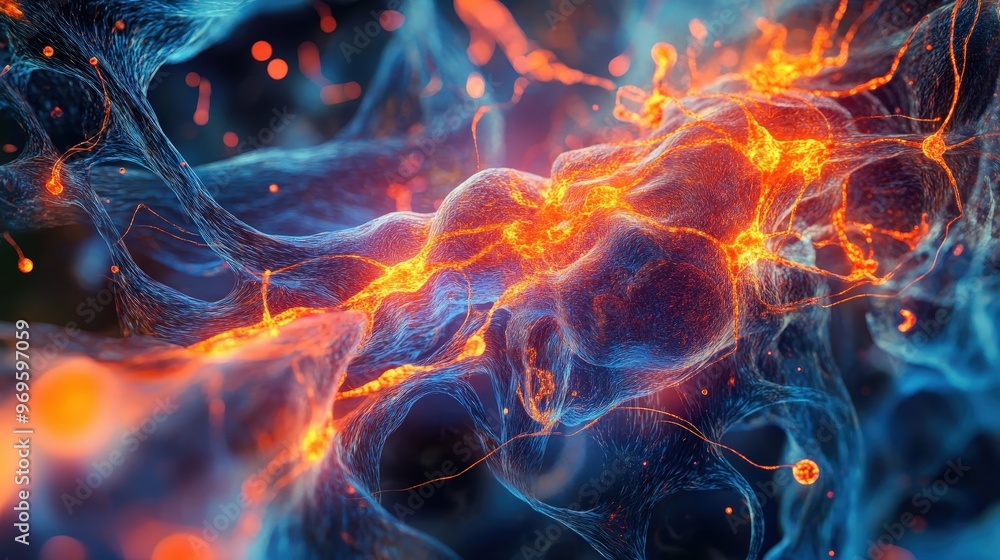 Poster a detailed view of neurons reveals their stunning structure and vibrant connections. this microscopi