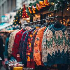 A vibrant street market featuring racks of knitted sweaters, showcasing variety of colors and patterns. festive atmosphere is enhanced by twinkling lights and holiday decorations