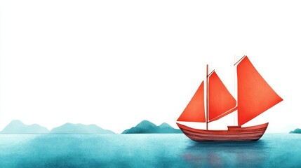 Naklejka premium Sailboat with bright red sails, exotic coastline, watercolor style
