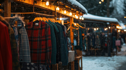Obraz premium Cozy outdoor winter market featuring various trousers on sale racks, illuminated by warm lights amidst falling snow, creating festive atmosphere
