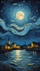 Fototapeta premium Starry Night Village Scene with Full Moon Reflection, Swirling Sky, and Bats in Flight