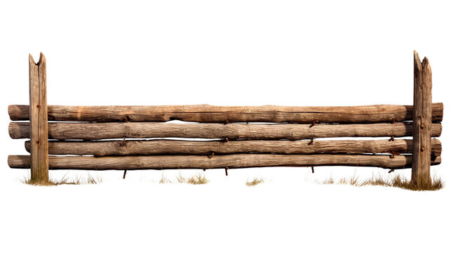 A rustic wooden fence made of logs, perfect for enhancing farm or countryside scenes in photography and design projects.