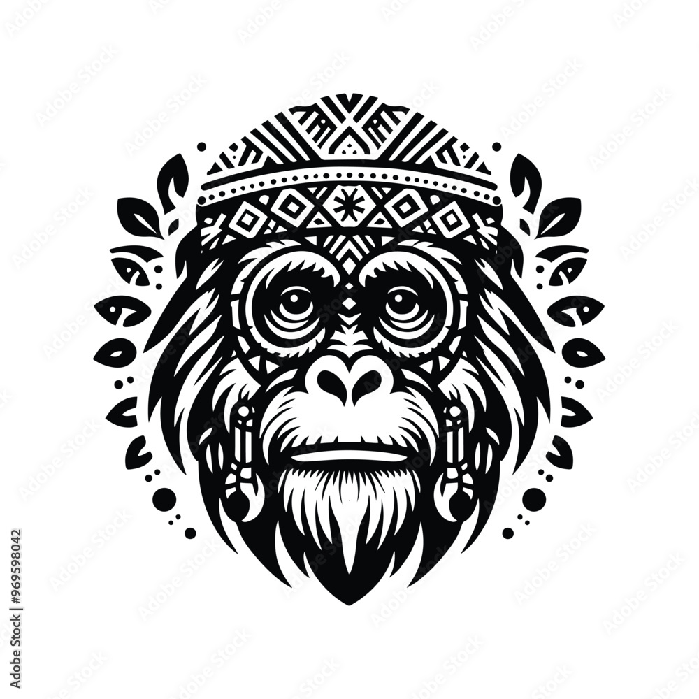 Wall mural orangutan monkey in bohemian black and white silhouette illustration -