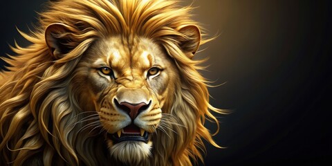 Naklejka premium Lion with pure golden fur and angry face, giving off a massive look, lion, golden, fur, angry, face, massive, wildlife