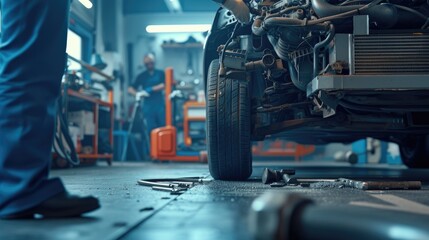 Fototapeta premium Detailed View of Car Engine Repair in Workshop