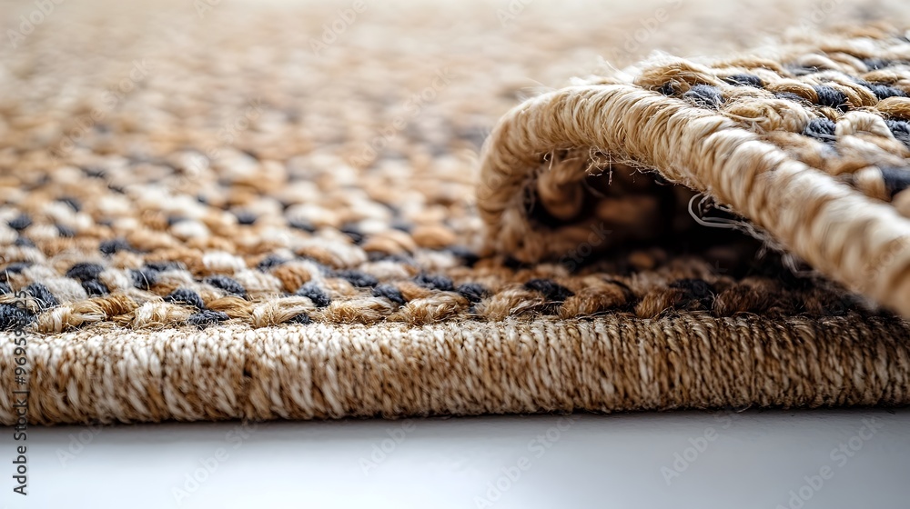 Poster a photographic image showcasing a soft luxurious rug with a unique textured pattern placed against a