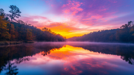 Fototapeta premium A Vibrant sunrise over a calm lake
