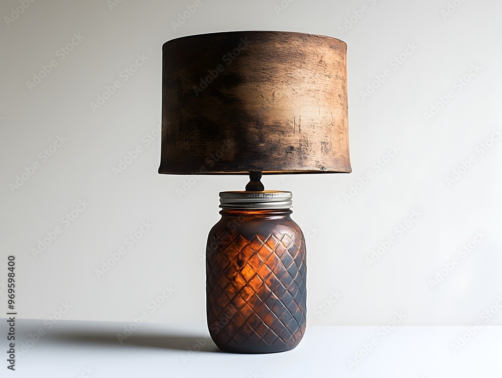 Poster a rustic and charming table lamp with a mason jar base sitting alone on a clean white background sho