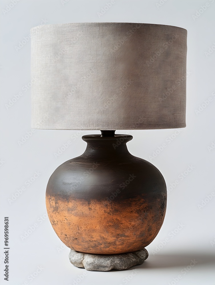 Poster a rustic table lamp with a stone base and linen shade exuding a warm and serene ambiance on a clean 