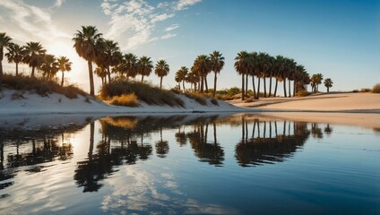 Fototapeta premium Reflective water with palm trees and sand dunes, creating a mirage effect.