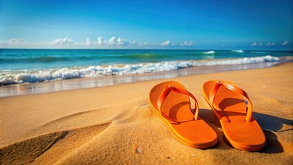 Obraz premium Orange flip flops laid out on sandy beach with ocean in the background, beach, flip flops, orange, sandals, summer