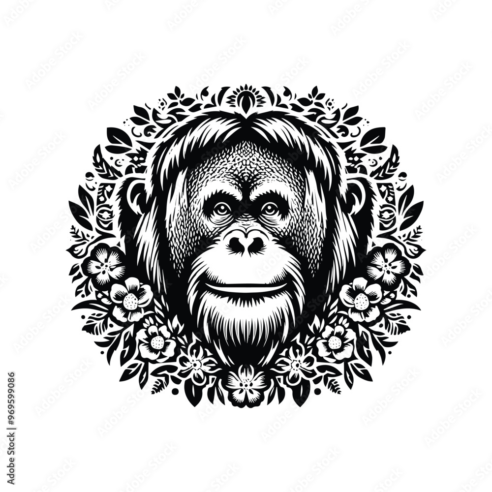 Wall mural orangutan monkey in folk art black and white silhouette illustration -