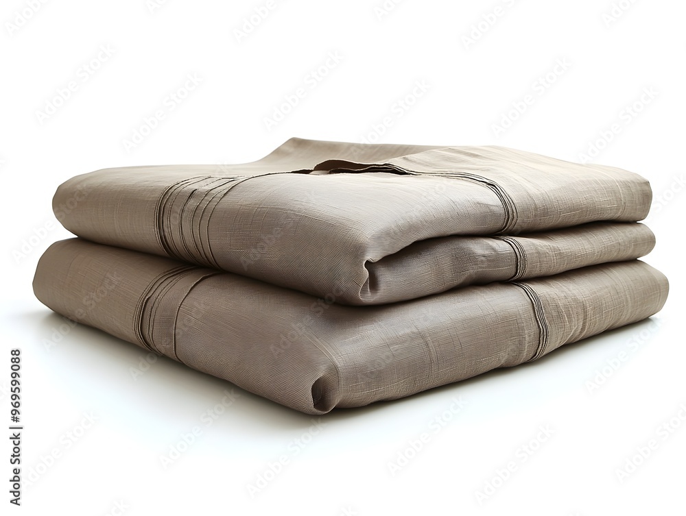 Poster a set of neatly folded soft and pristine beige bed sheets or linens isolated on a clean white studio