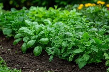 Lush Green Spinach and Mint Plants Growing in a Garden Bed