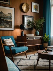 Retro living room with mid-century furniture and vinyl player.