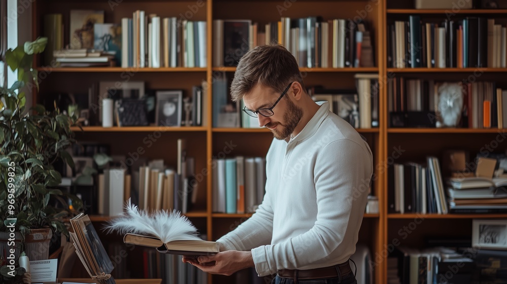 Poster a man browsing a book in a cozy library filled with organized shelves and a large window letting in 