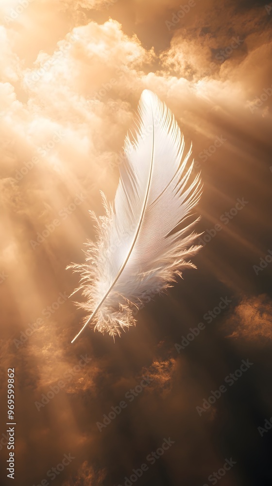 Poster a single delicate white feather drifting peacefully through a serene sunlit hazy atmosphere creating