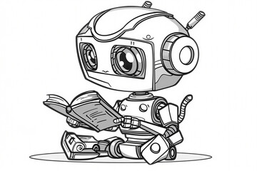 Naklejka premium Cute cartoon robot character with big eyes, sitting and reading a book, surrounded by a playful, imaginative aura.