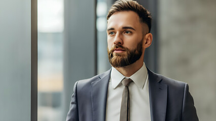 Confident bearded business man leader looking away standing in office hallway. Professional businessman manager executive, male investor or entrepreneur thinking of future dream success idea