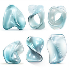 Set of abstract blue glass elements, drops and curved shapes isolated on white background.
