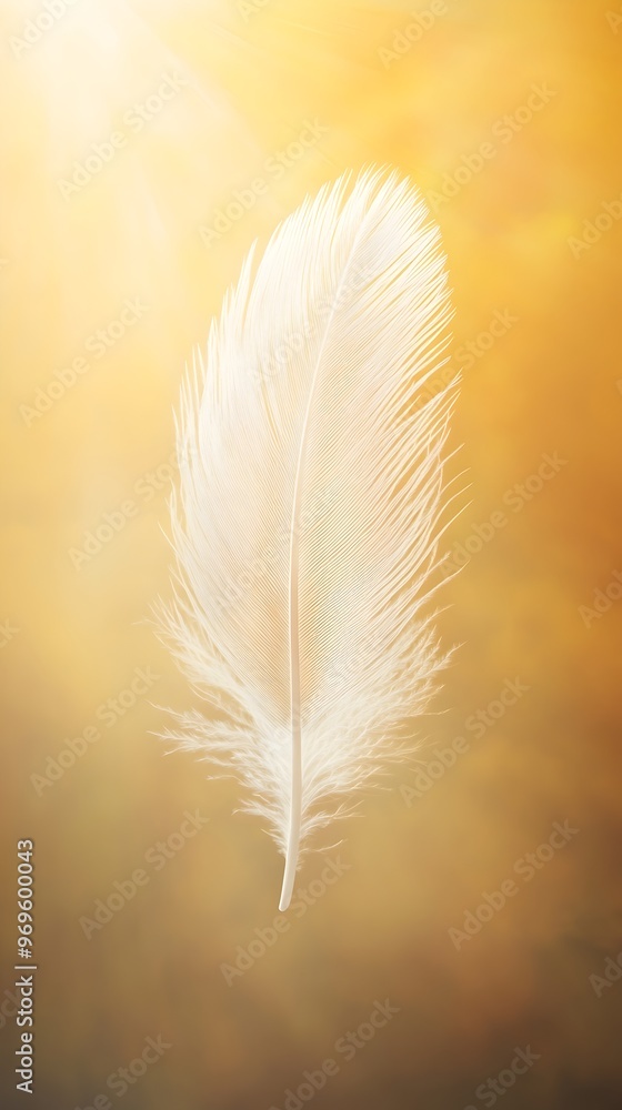 Poster a single delicate white feather drifting weightlessly through a sunlit hazy atmosphere creating a se
