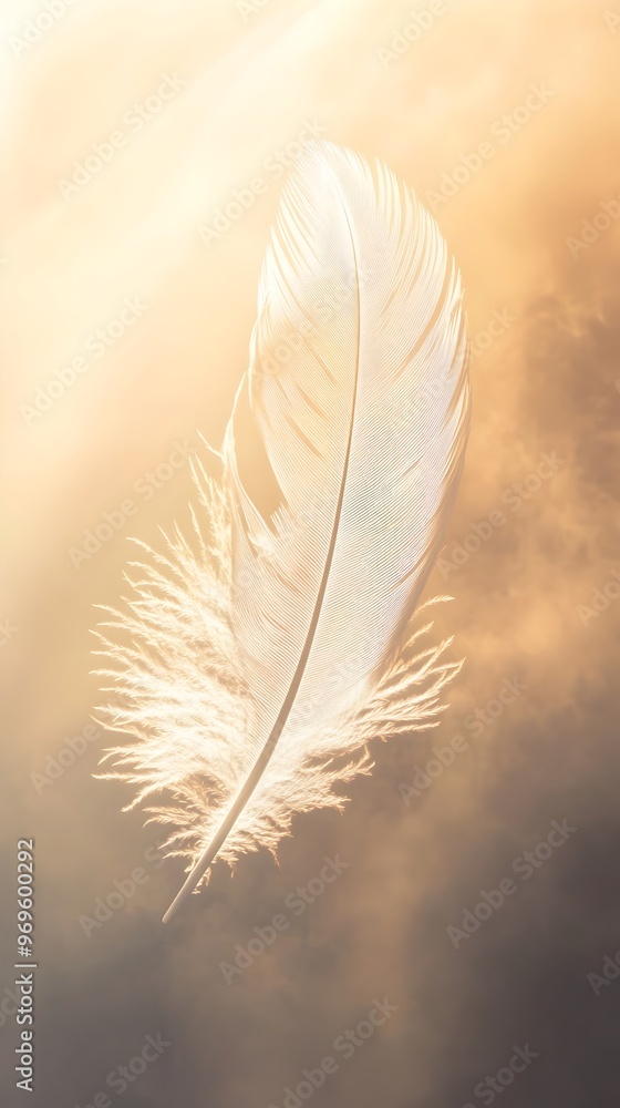 Poster a single delicate white feather gently drifting and floating through a serene luminous hazy atmosphe