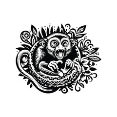 Obraz premium Tarsier monkey in folk art black and white silhouette illustration -