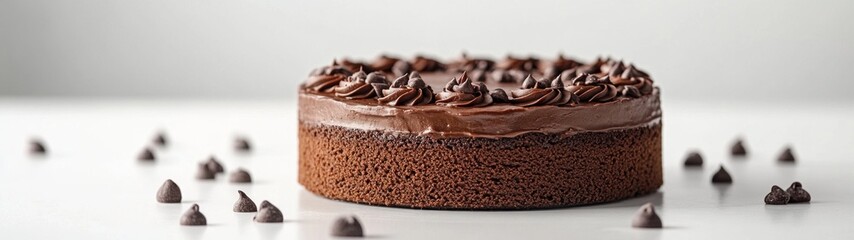 Decadent Chocolate Indulgence, a luxurious chocolate cake elegantly presented on a pedestal, showcases its rich layers against a minimalist white backdrop, inviting a sweet experience.