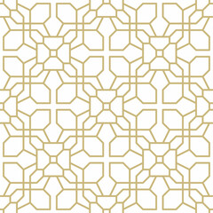 Seamless geometric pattern consisting of interwoven golden lines in arabesque style on a white background. Suitable for various creative projects or decorative elements.