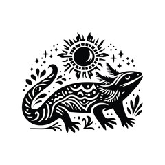 Axolotl in folk art black and white silhouette illustration -