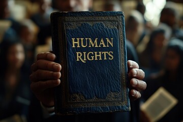 Man holding a Human Rights book in crowd