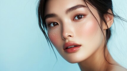 Naklejka premium Close Up Portrait of a Beautiful Woman with Dewy Skin.