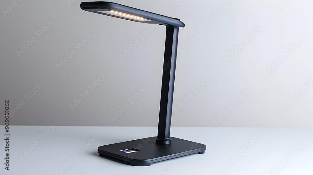 Poster a sleek and minimalist led desk lamp with a built in usb charging port isolated on a plain white bac