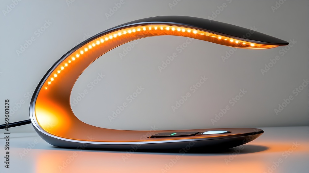 Poster a sleek and futuristic desk lamp with a built in wireless charger designed to seamlessly blend techn