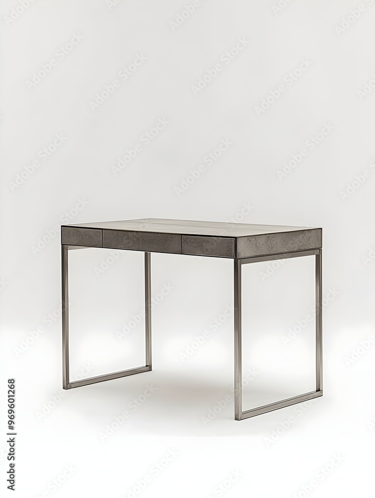 Poster a sleek and modern minimalist study desk with a metal frame isolated on a clean white background the