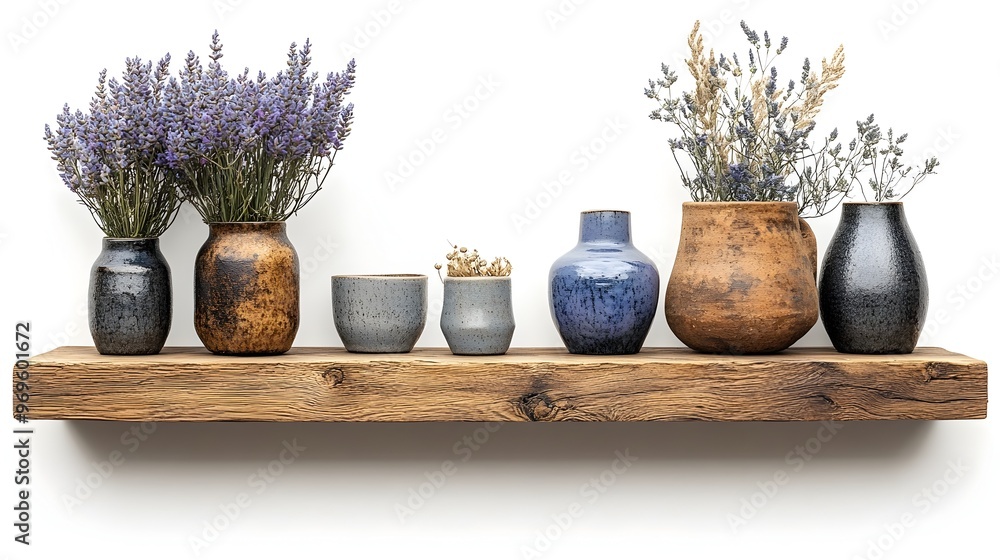 Poster a sleek and modern wall mounted shelf displaying an array of decorative items such as vases frames a