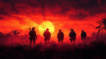 Fototapeta premium Silhouettes of soldiers stand against a fiery sunset.
