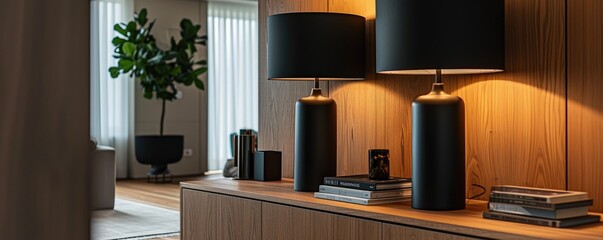 Black and White Table Lamps on Oak Console