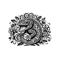 Chameleon in folk art black and white silhouette illustration -
