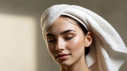 Fototapeta premium A calm young woman with a towel wrapped around her head, exuding relaxation and self-care vibes in a softly lit indoor space.