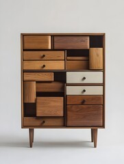 A sleek and modern wooden dresser with multiple drawers isolated on a clean white background  This minimalist furniture piece offers ample storage space in a simple and elegant design
