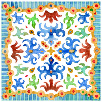 Watercolor painted tile with hand drawn ornaments in Mediterranean majolica ceramic painting style, isolated on a white background