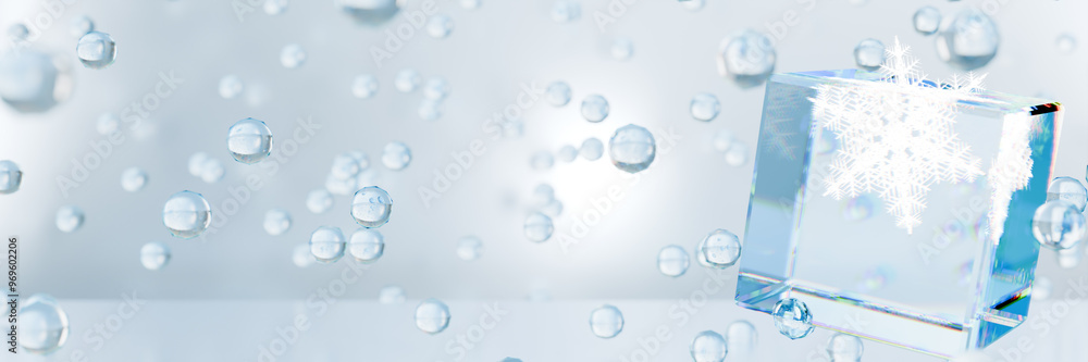 Poster a clear ice cube with snowflake surrounded by bubbles, evoking a winter or holiday theme. 3d renderi