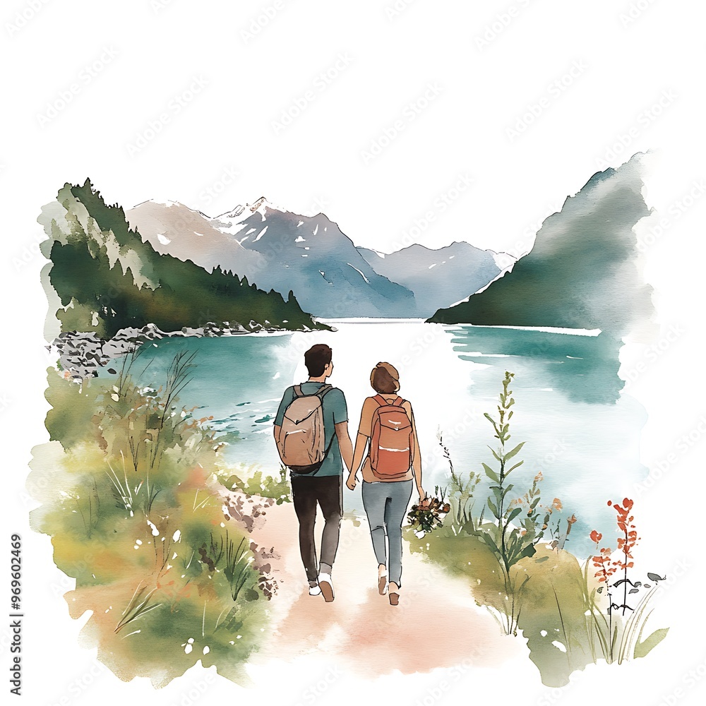 Canvas Prints Watercolor Illustration of a Couple Hiking Through a Mountain Landscape.