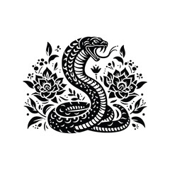 Fototapeta premium Cobra in folk art black and white silhouette illustration -