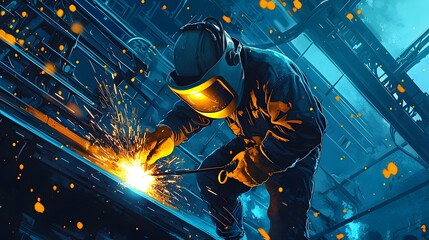  A welder wearing a welding helmet, gloves, and protective clothing, using a welding torch on a metal structure in an industrial workshop with sparks flying.