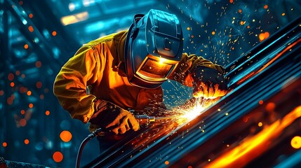  A welder wearing a welding helmet, gloves, and protective clothing, using a welding torch on a metal structure in an industrial workshop with sparks flying.