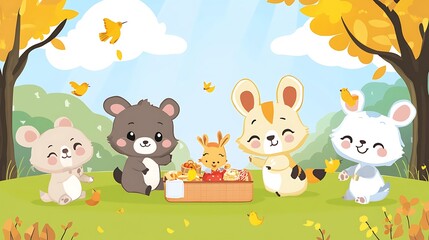 Naklejka premium Cute Animals Enjoying a Picnic in the Autumn Woods.