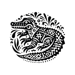 Obraz premium Crocodile in folk art black and white silhouette illustration -